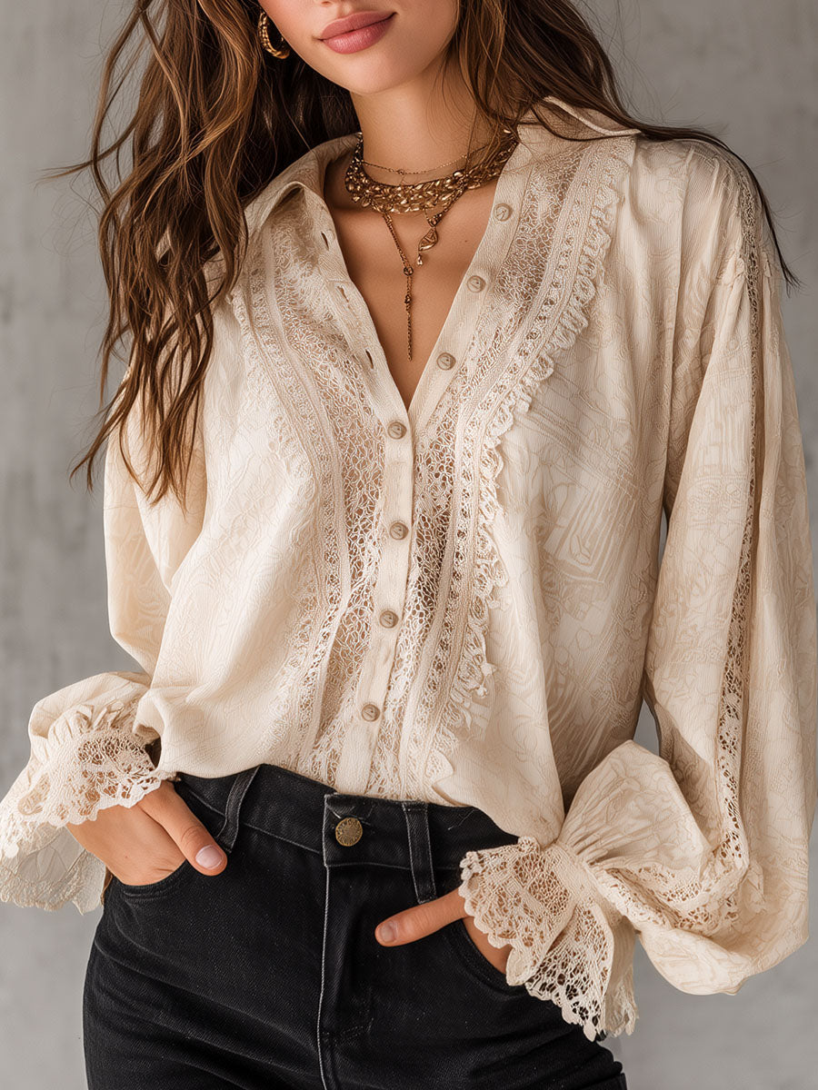 Romantic Victorian-Inspired Cream Print Lace Blouse