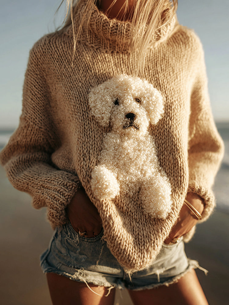 Classic Fuzzy Goldendoodle Dog Felt Cozy Knit Turtleneck Sweater