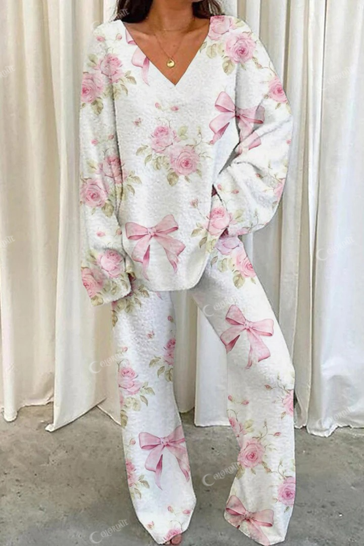 Women's Floral Bow Print Home Long Sleeve Suit