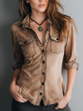 Retro Washed Contrast Stitching Blouse