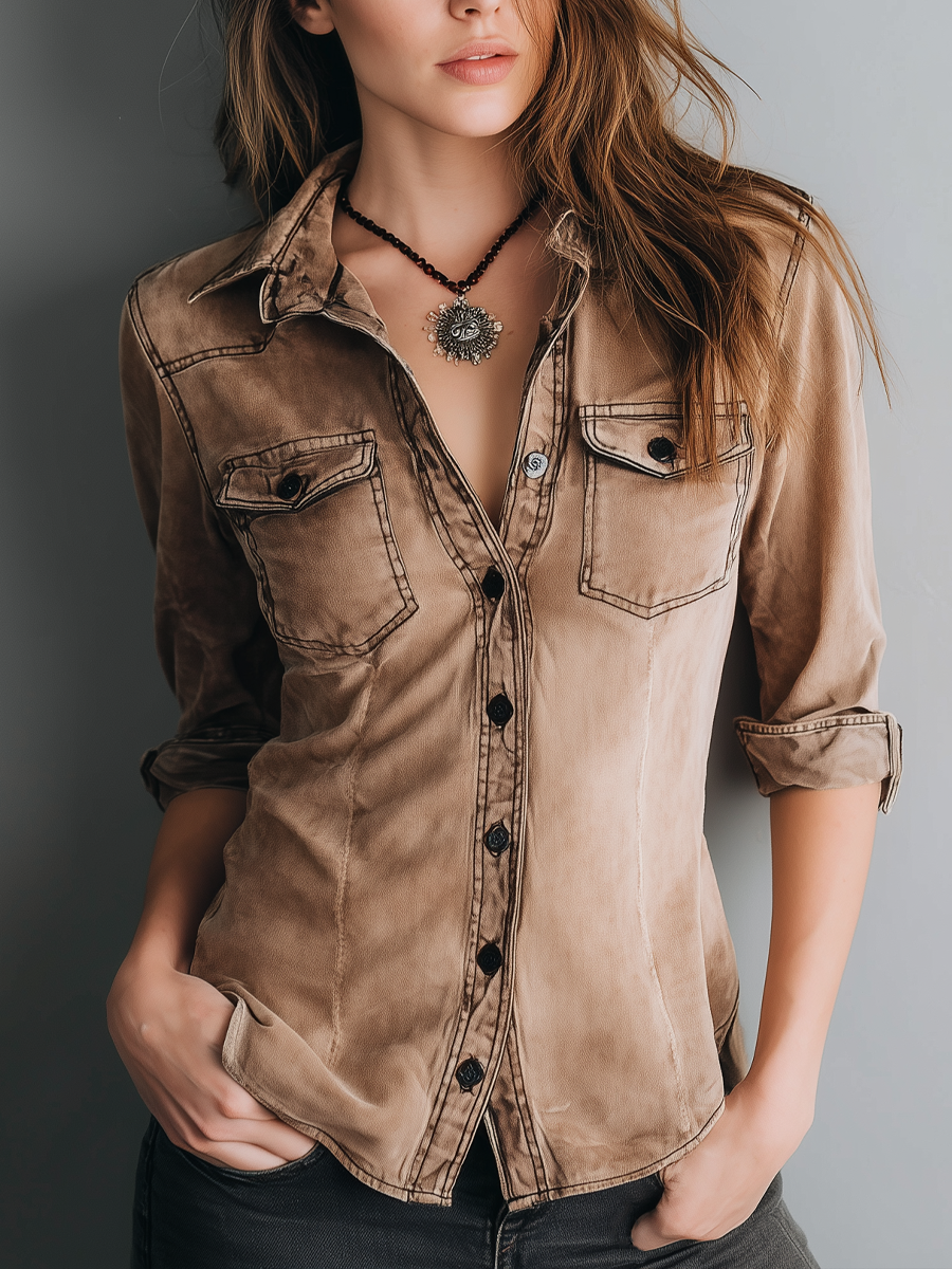 Retro Washed Contrast Stitching Blouse