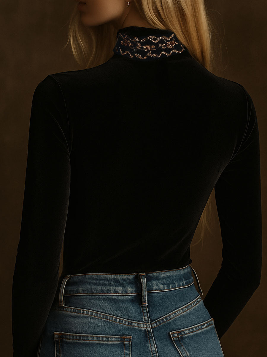 Elegant Turtle Neck Embroidery Velvet Long Sleeves Top
