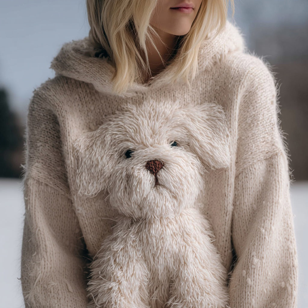 Cute Fuzzy Dog Embroidered Cozy Hooded Sweater