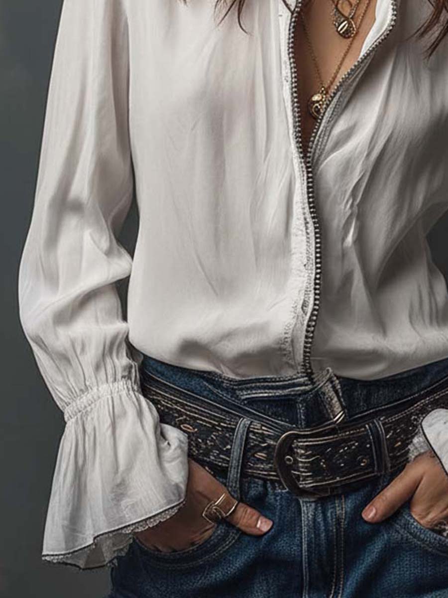 White Zip-Front Blouse With Flounce Cuffs