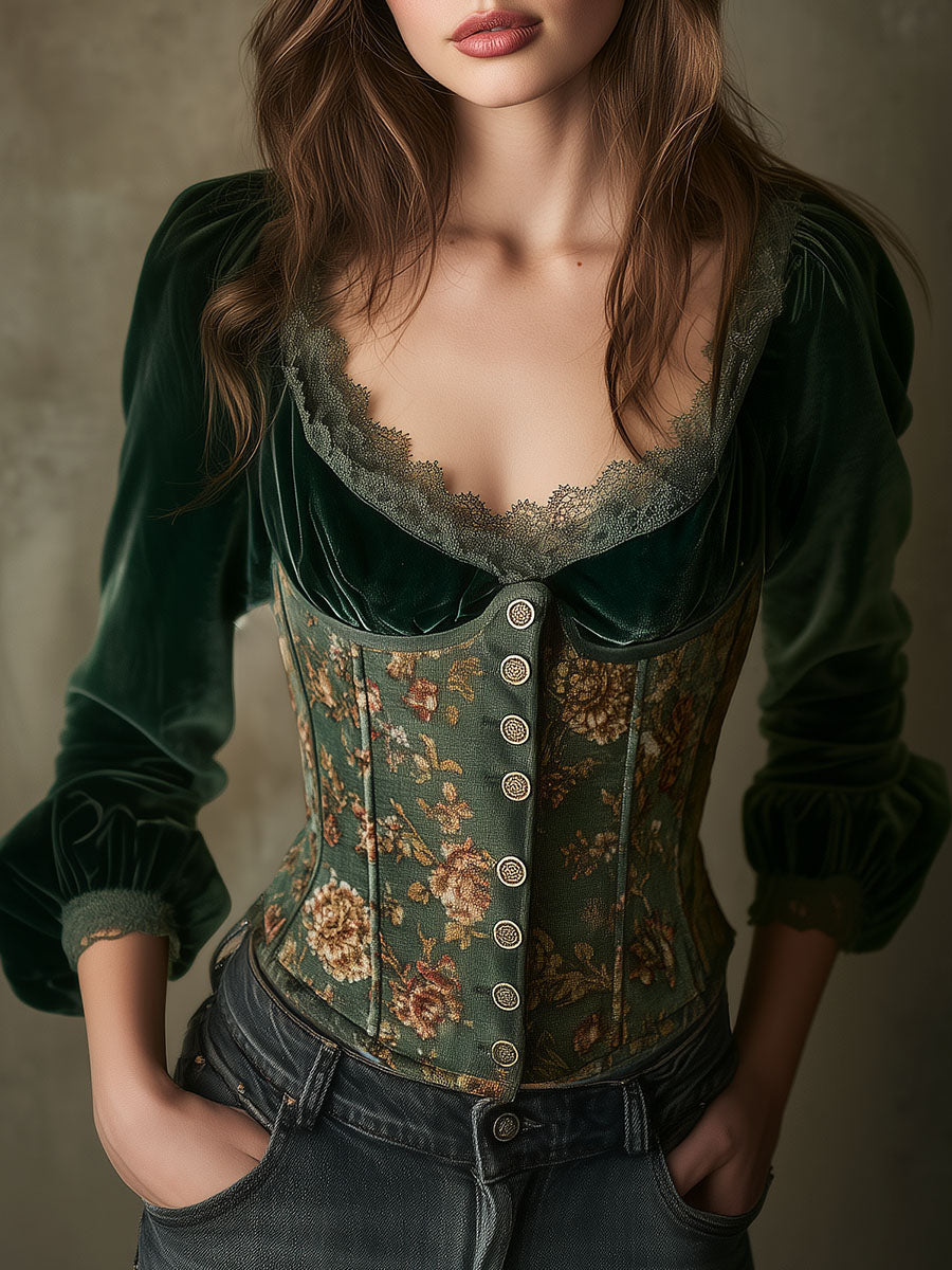 Emerald Green Velvet & Floral Lace-Trimmed Corset Blouse