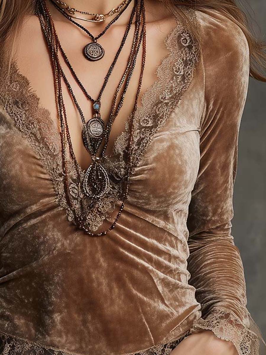 Vintage Light Brown Velvet Lace Trim Long Sleeve Top