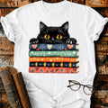 Black Cat On Books T-Shirt
