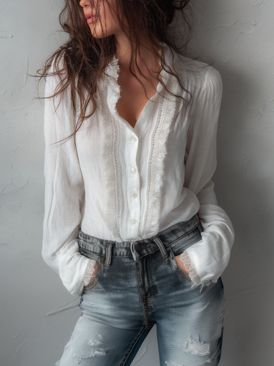 Vintage Lace Trim Long Sleeve Cotton Blouse