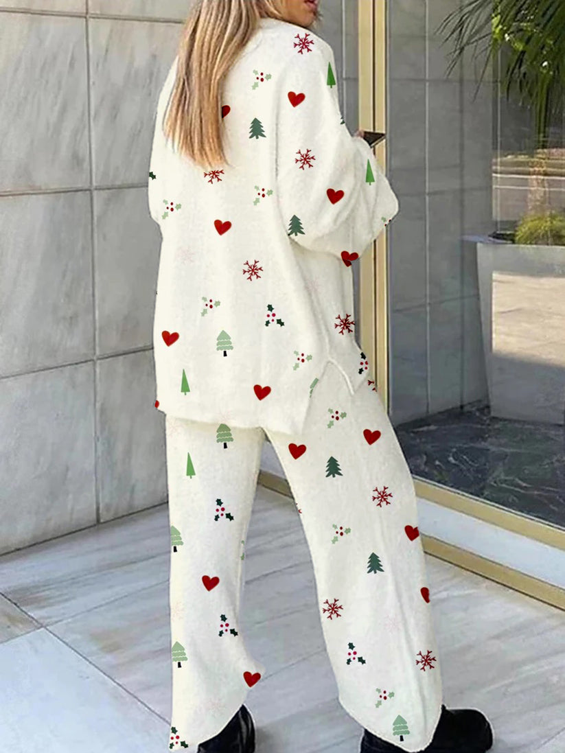 Women's Christmas Heart Print Home V Neck Long Sleeve Suit