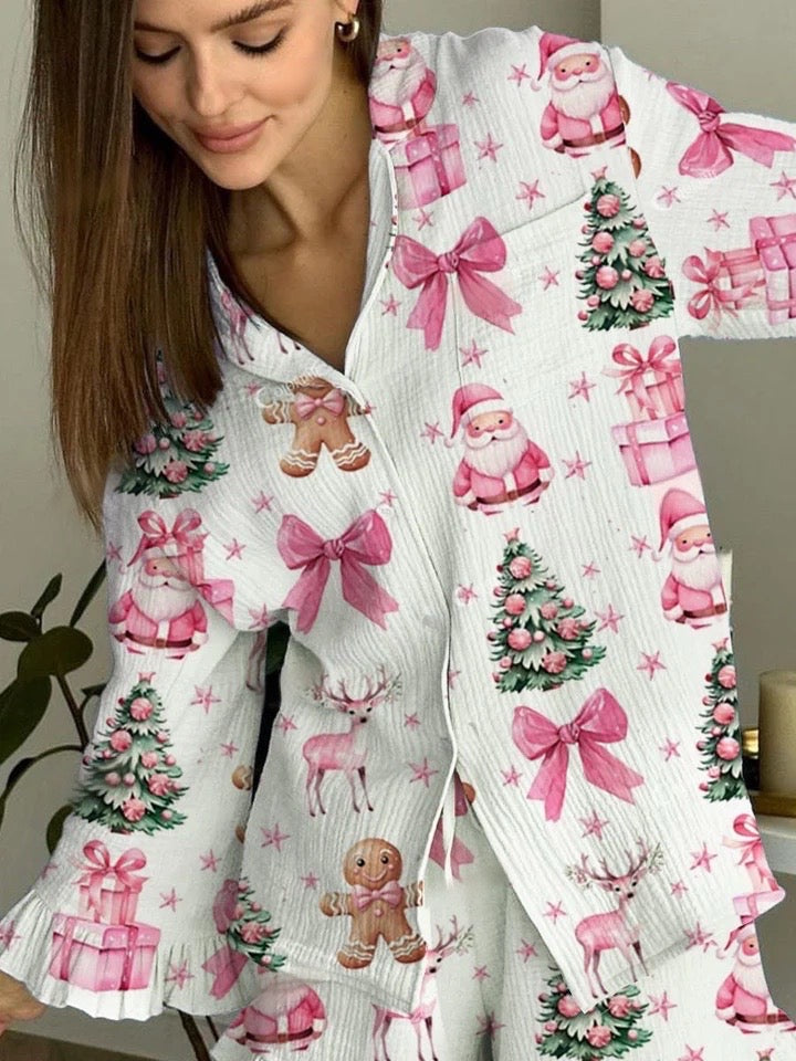 Women's Pink Christmas Bow Printed Long Sleeve Home Suit