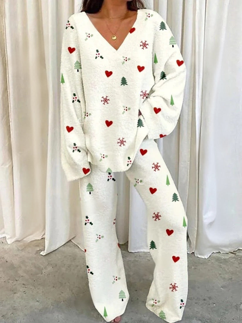 Women's Christmas Heart Print Home V Neck Long Sleeve Suit