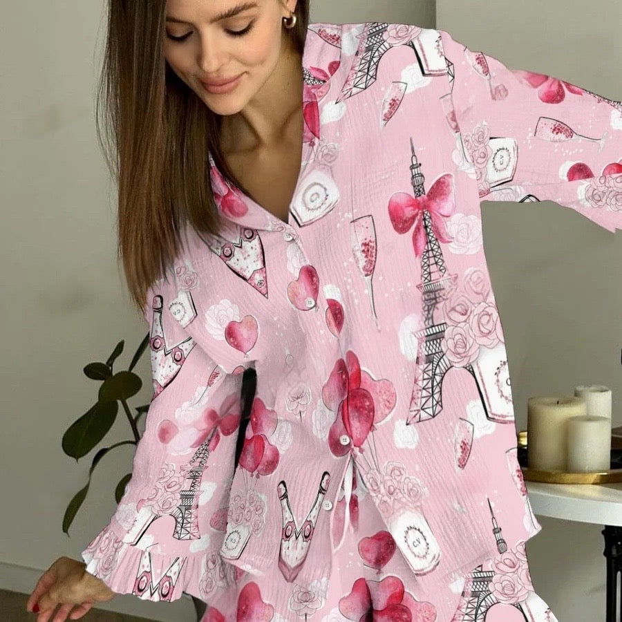 Women's Vintage Pink Valentine's Day Eiffel Tower Printed Linen Cotton Suit