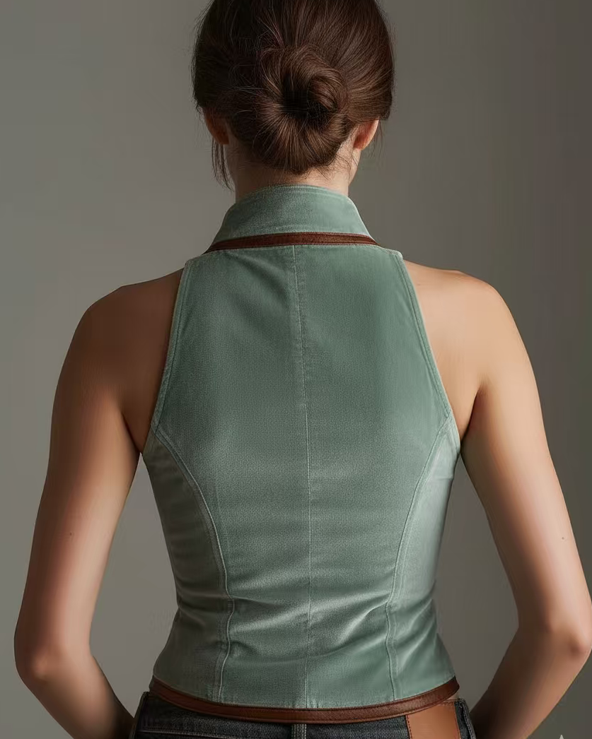 Sage Velvet And Contrast Leather Trim Slim Fit Vest
