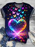 Colorful Butterfly And Heart Print Crew Neck T-Shirt