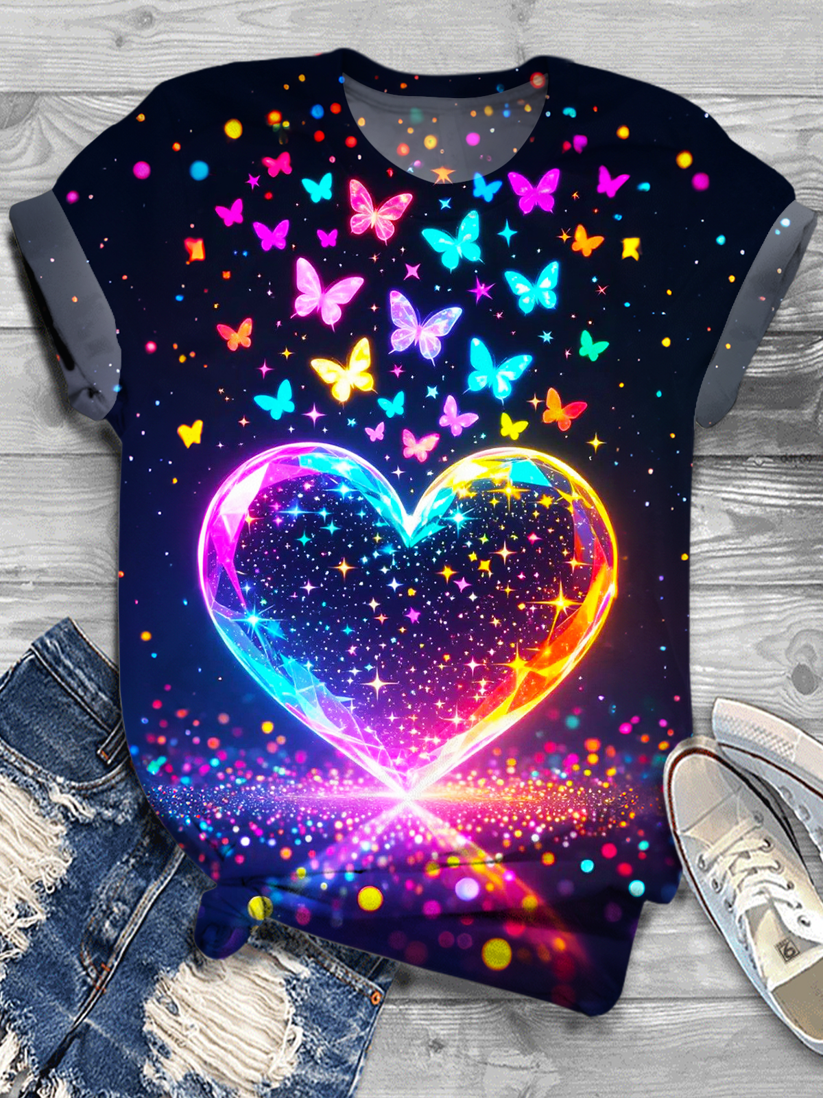 Colorful Butterfly And Heart Print Crew Neck T-Shirt