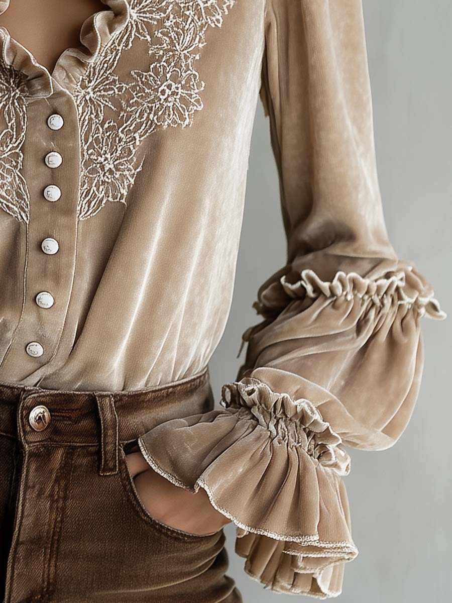Champagne Beige Floral Embroidered Ruffled Velvet Shirt