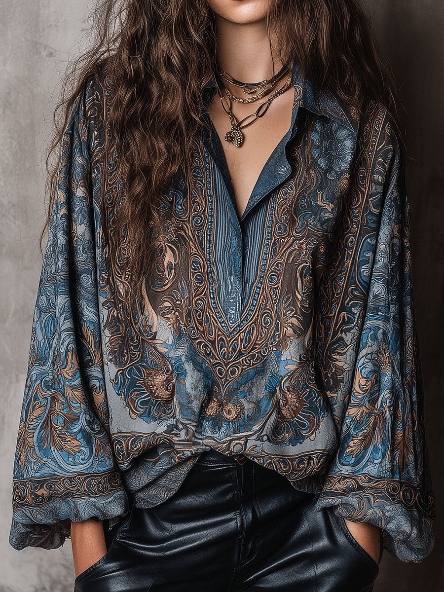 Retro Blue Bronze Baroque Paisley Print Loose Blouse