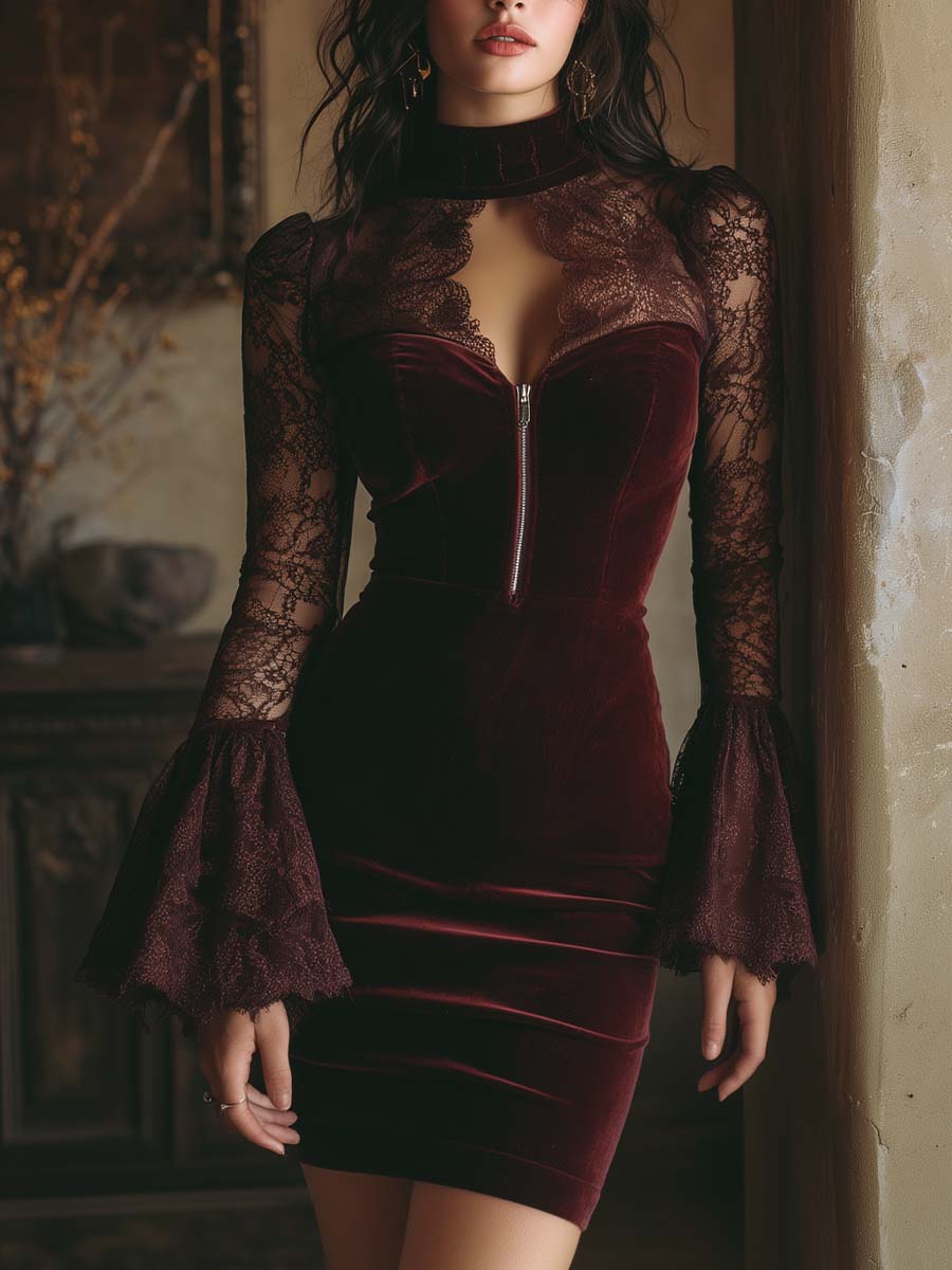 Velvet & Lace Bodycon Mini Dress In Burgundy
