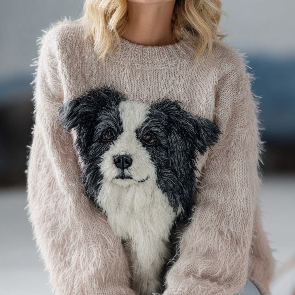 Cute Fuzzy Border Collie Crew Neck Cozy Knit Sweater