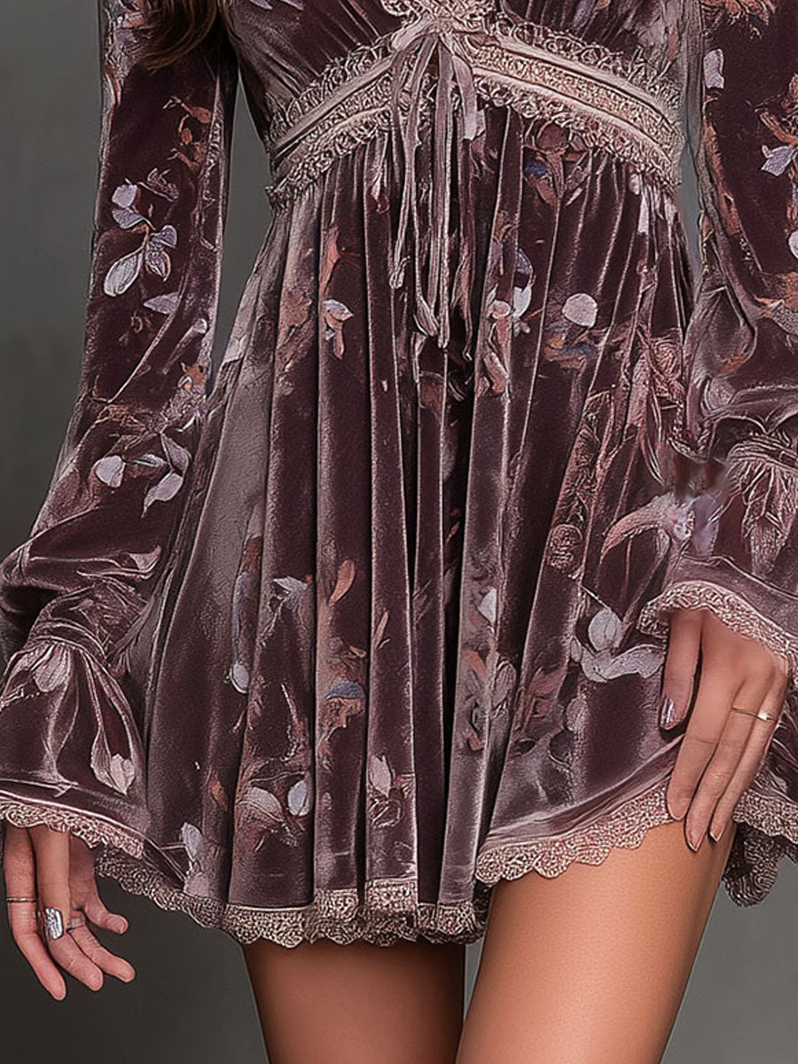 Boho Dusty Mauve Velvet Floral Mini Dress With Lace Trim