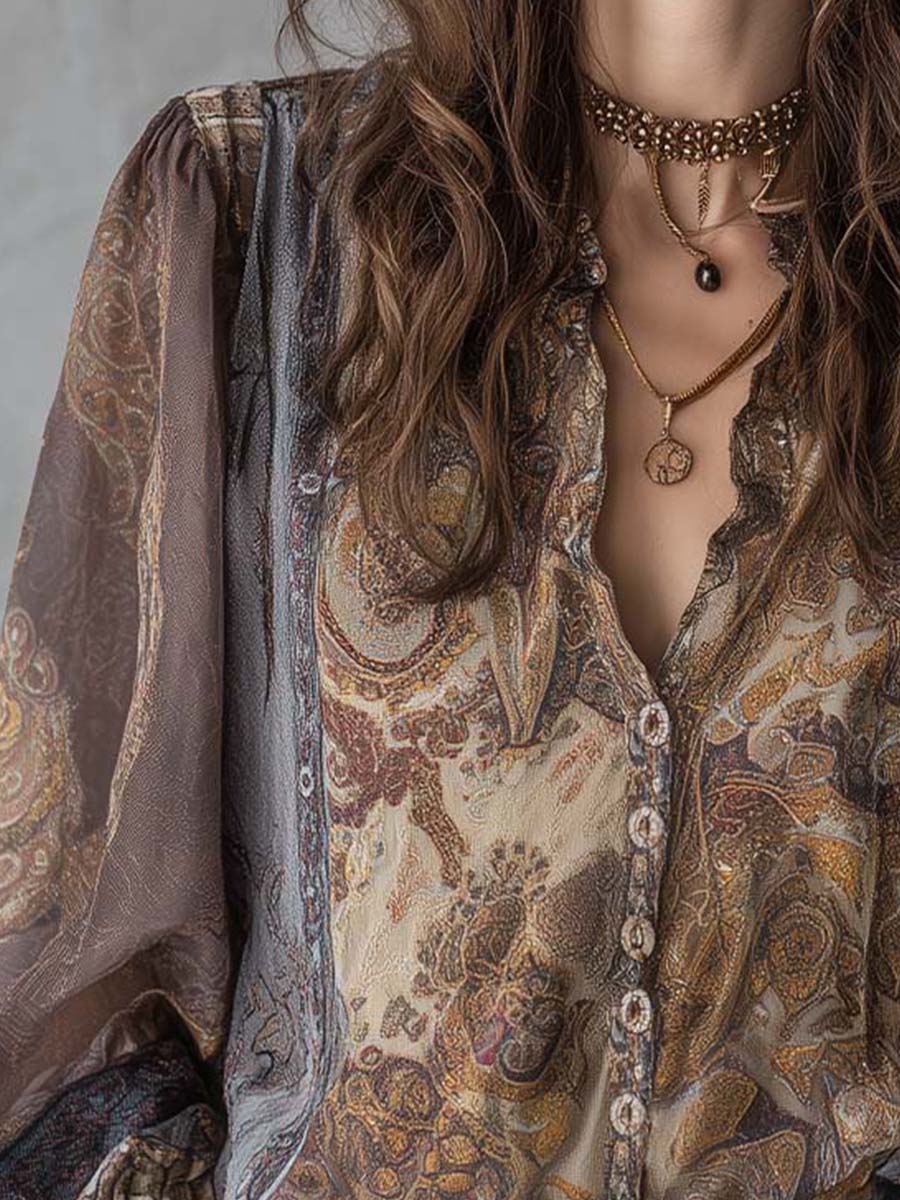 Vintage Paisley Sheer Blouse With Lace Cuff Detailing