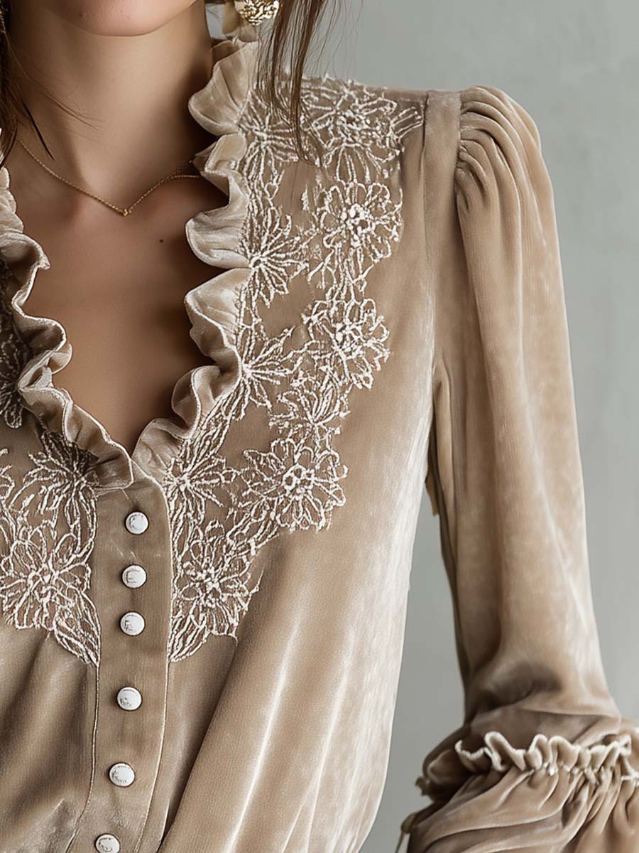 Champagne Beige Floral Embroidered Ruffled Velvet Shirt