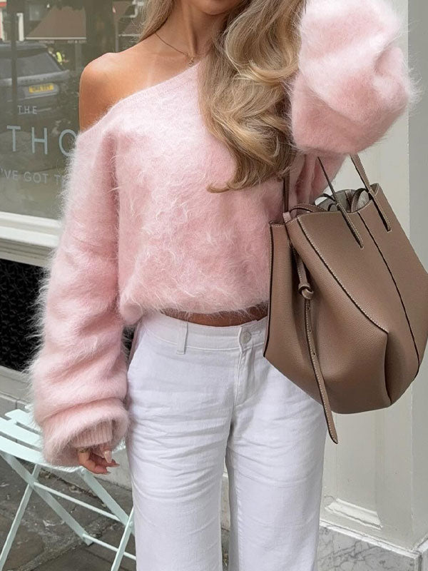 One shoulder furry sweater