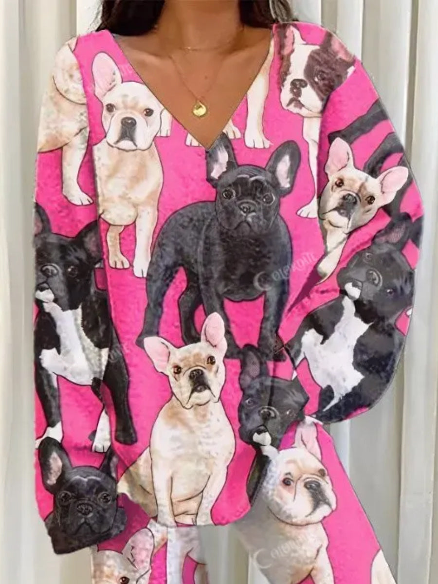Women's Pink Bulldog Print Fleece Suit