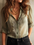 Romantic Sage Green Three-quater Sleeves Sheer Lace Blouse