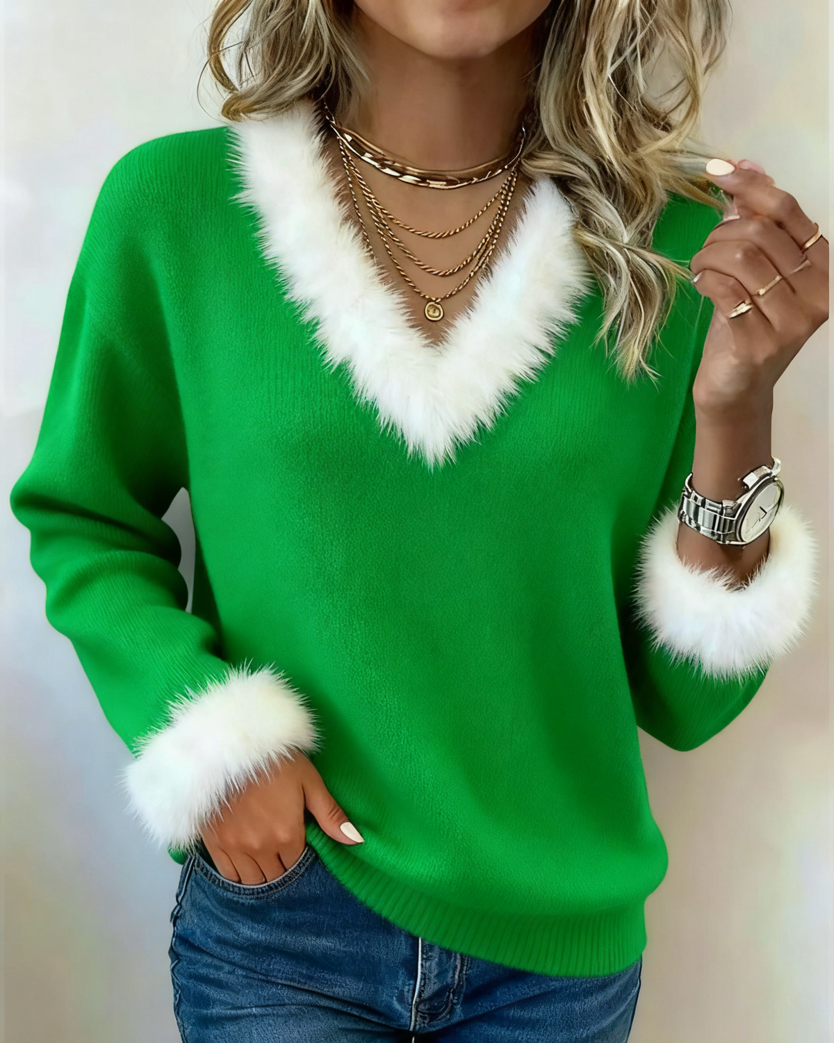 Christmas V-Neck Fluffy-Trim Long-Sleeve Top