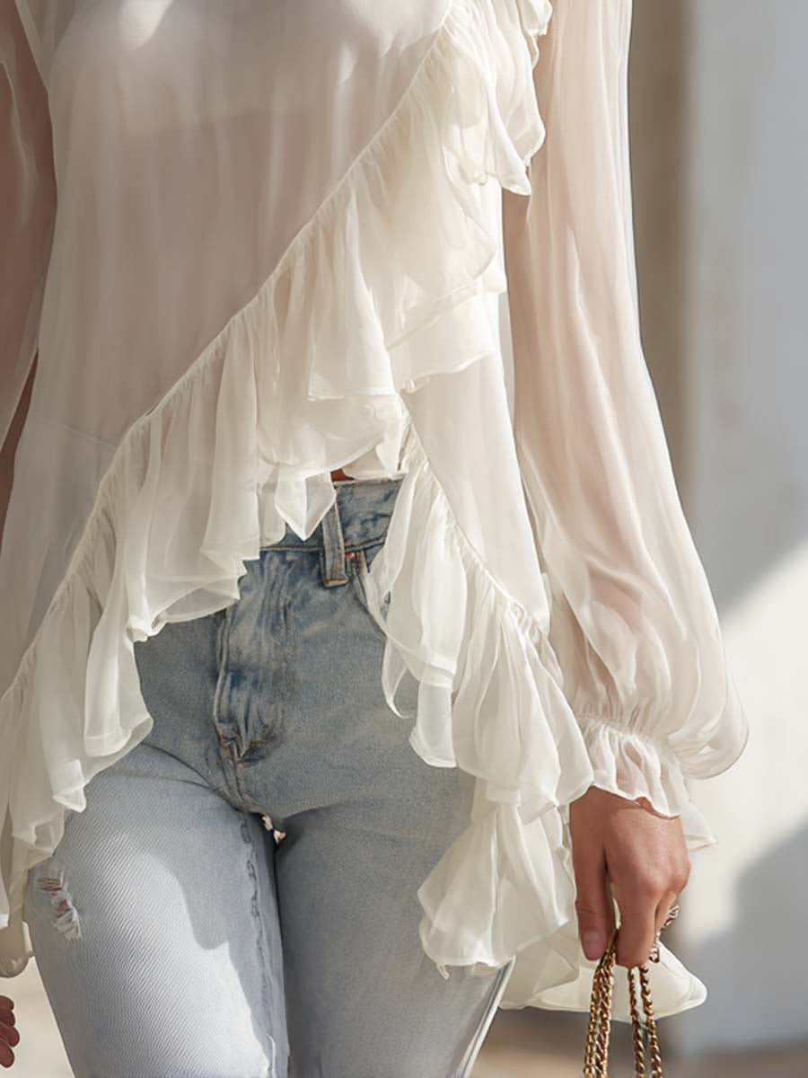 Retro-style Irregular Ruffled Hem Chiffon Blouse