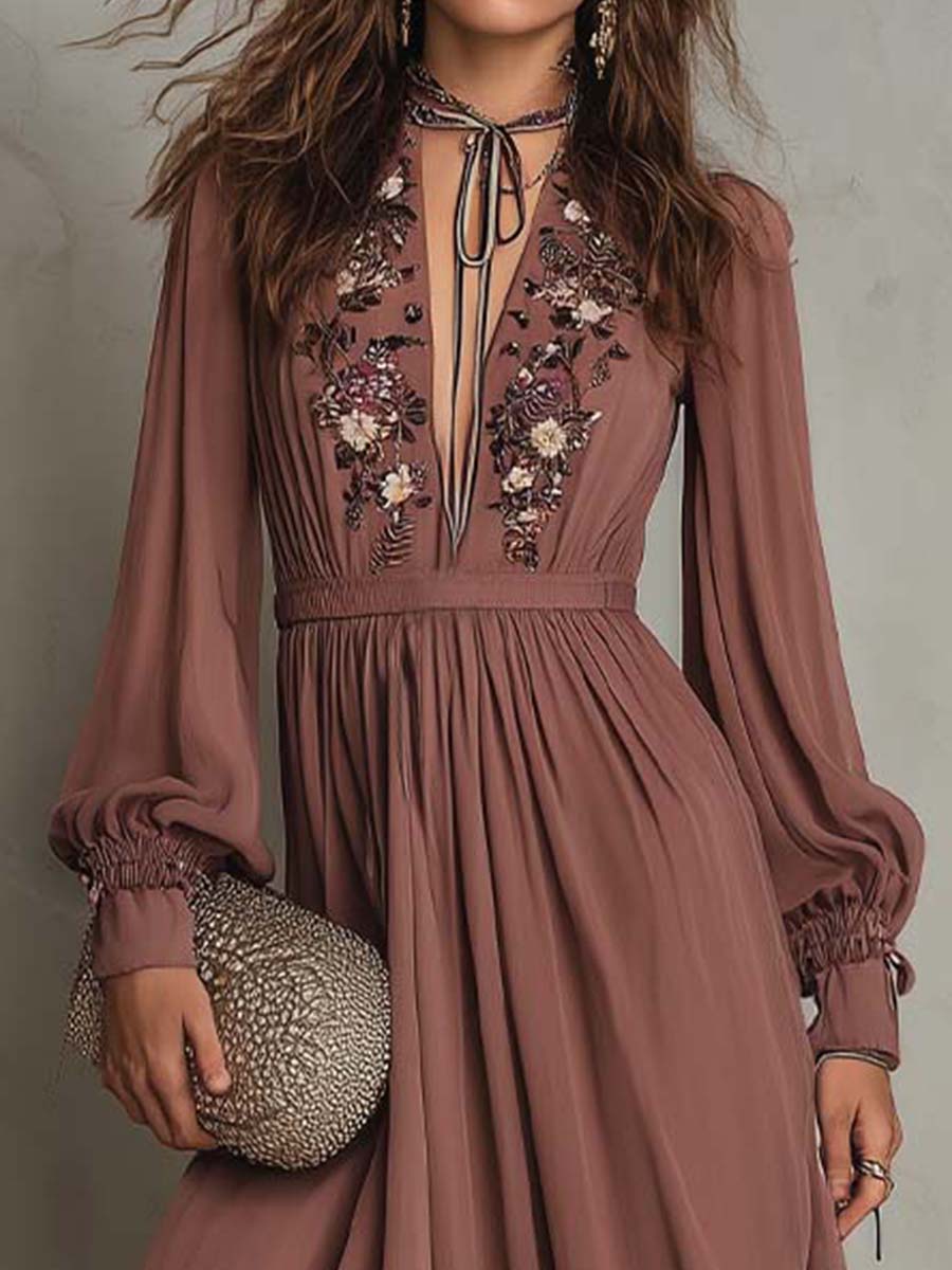 Embroidered Bohemian Chiffon Maxi Dress