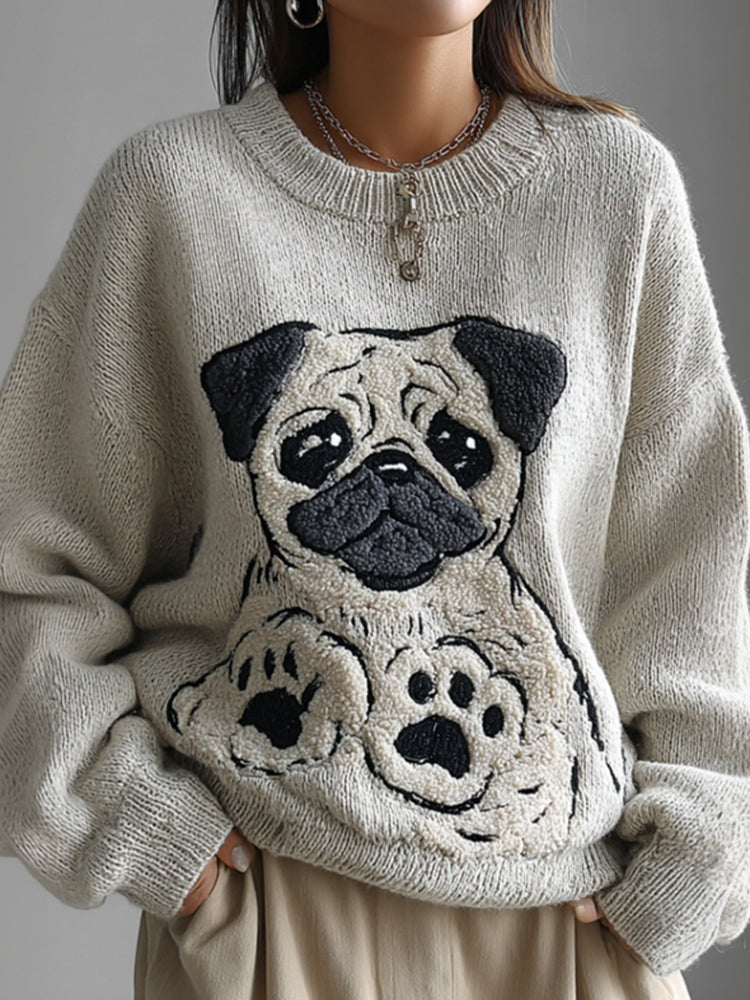 Lovely Cute Pug Embroidery Art Loose Cozy Knit Sweater