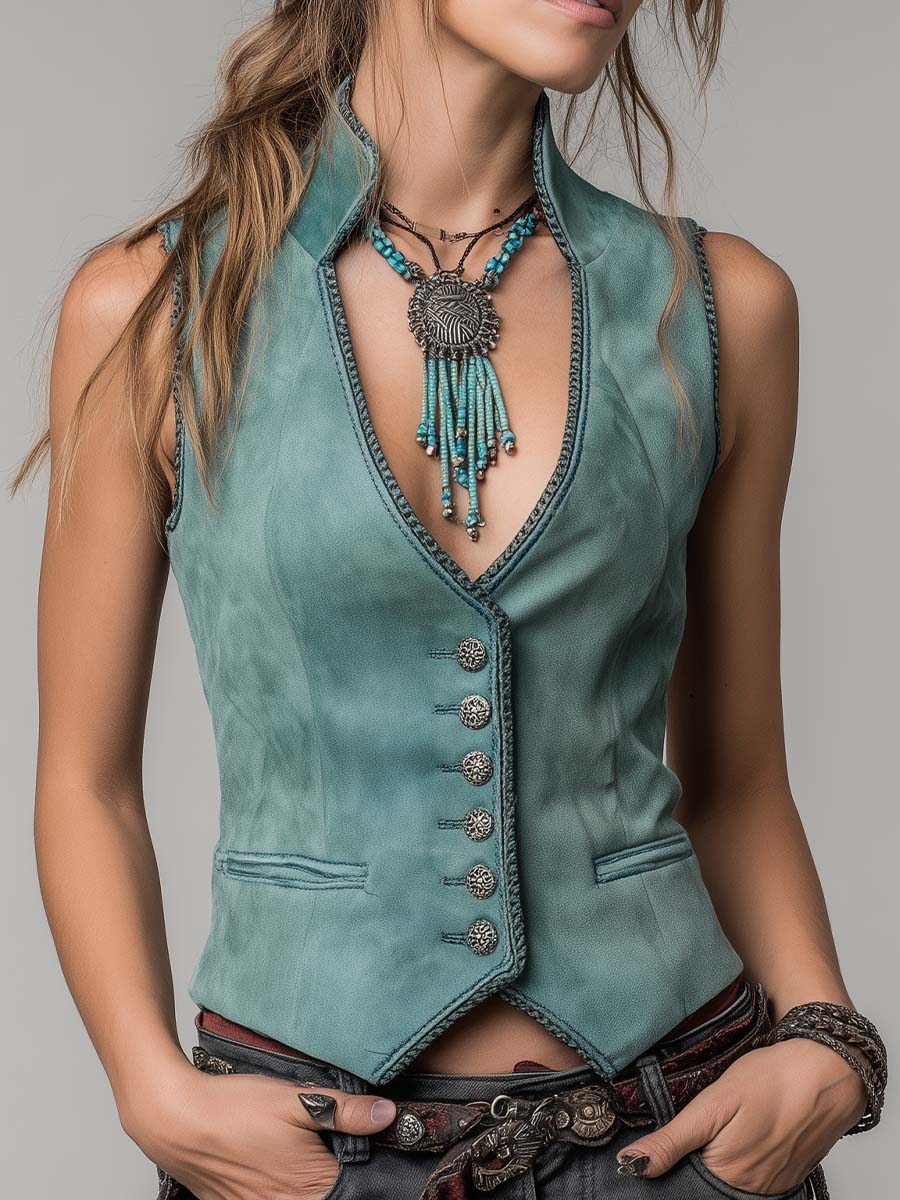 Mint Green Microsuede Bohemian Fitted Vest