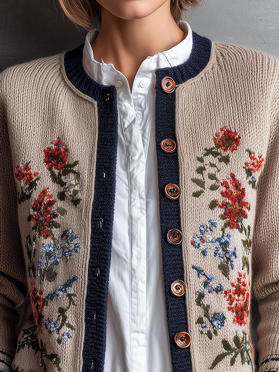 Retro Floral Embroidered Beige Knit Cardigan With Navy Trim