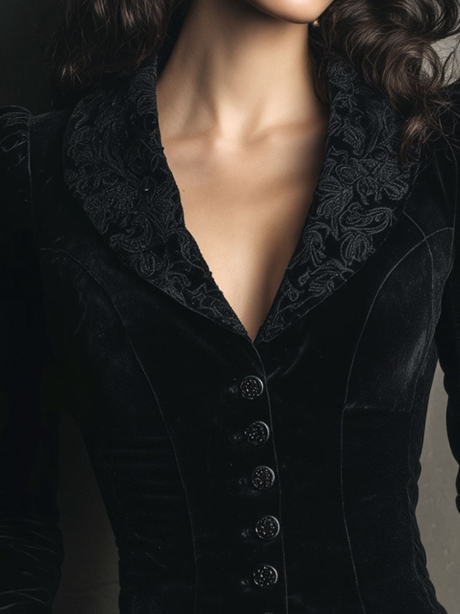 Black Velvet Embroidered Lapel Victorian Blazer Jacket