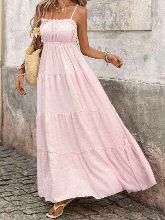 2026 European and American Ladies Spring and Summer French Style Vacation Sling Wooden Ear Tube Top Cinched Waist Long Texture Dress