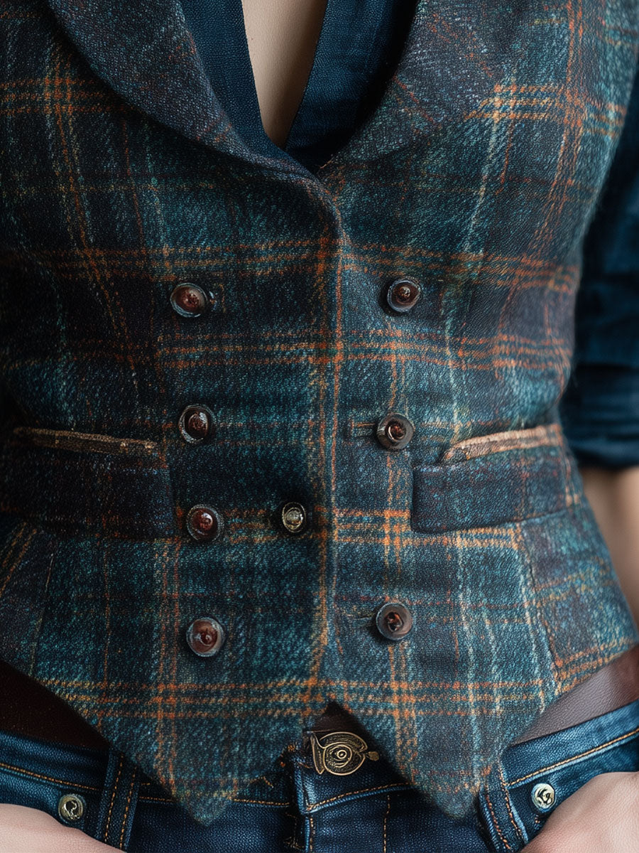 Retro Lapel Plaid Wool Vest
