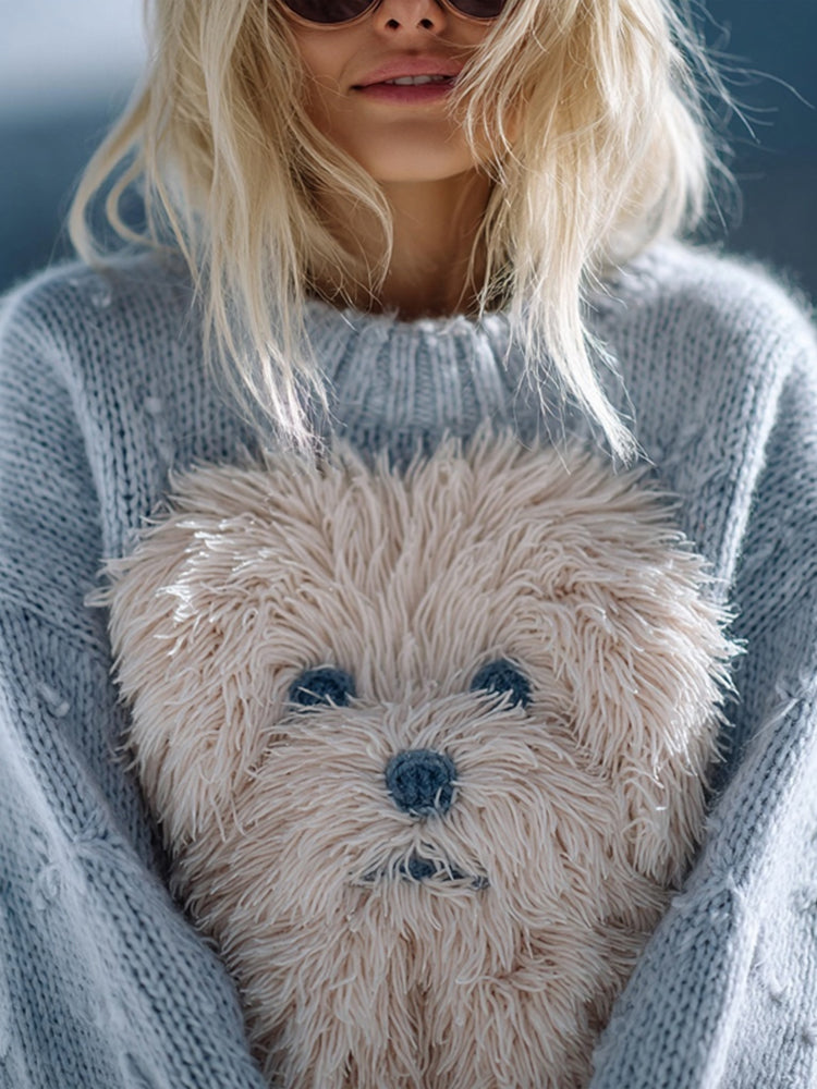 Lovely Fuzzy Dog Embroidered Soft Cozy Sweater