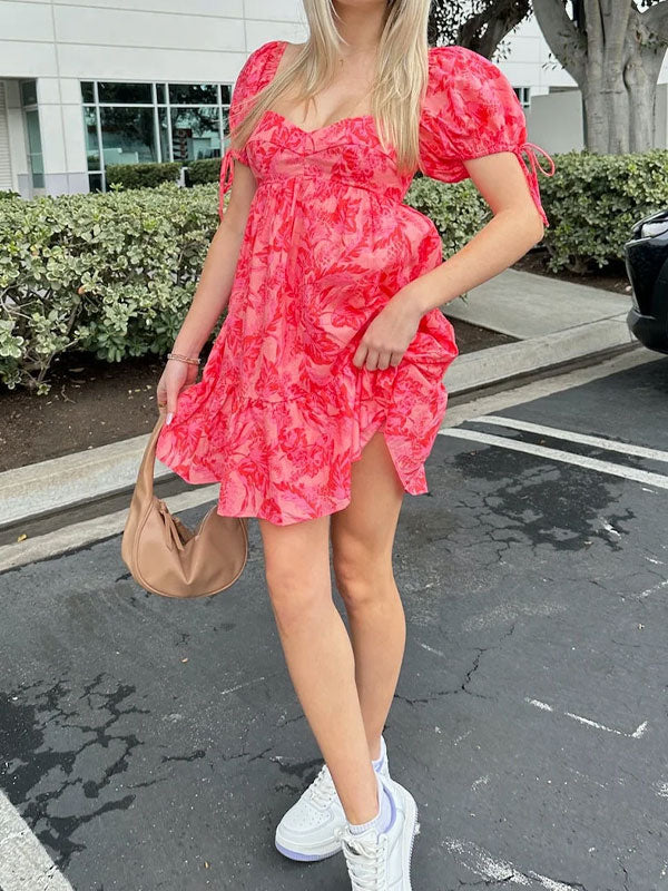 Puff sleeve printing dress