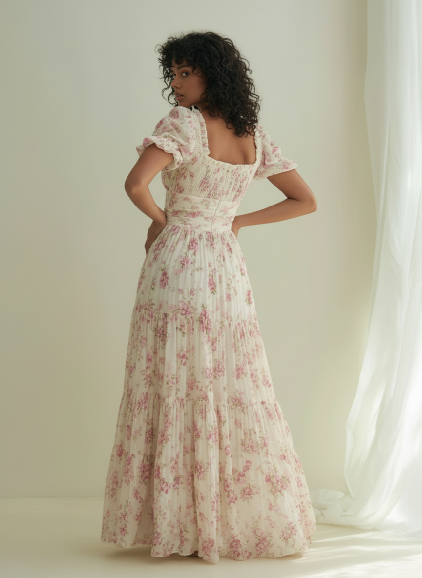 Floral Smocked Bodice Puff Sleeve Maxi Dress