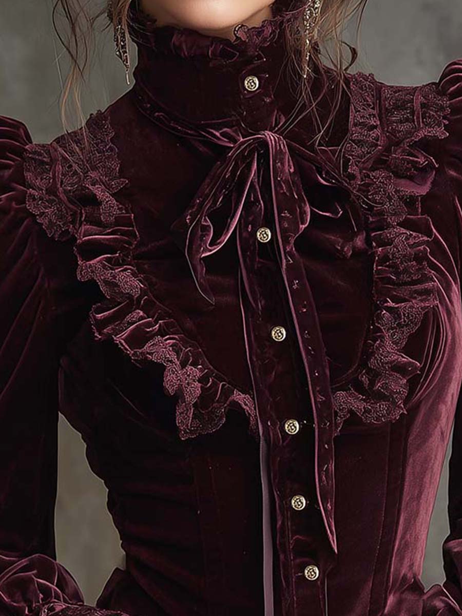 Garnet Red Romance Victorian Velvet Ruffle Blouse