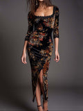 Vintage Lace-trimmed Slit Hem Floral Leopard Print Polyester Satin Midi Dress