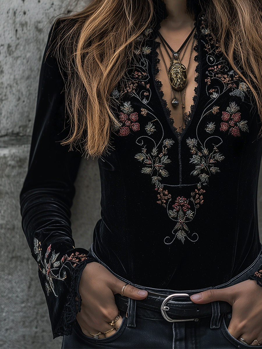 Boho Luxe Black Velvet Floral Embroidered Top