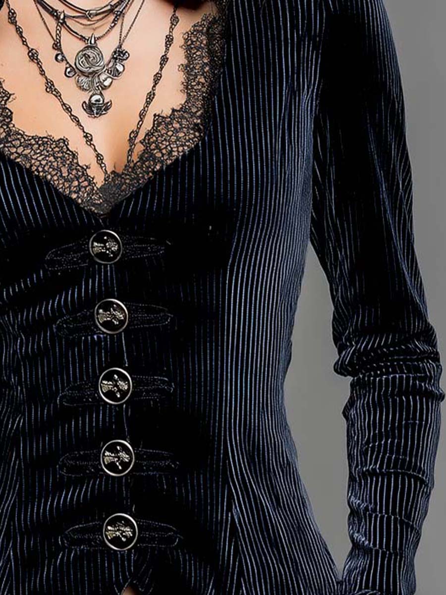 Lace V-neck Flared Cuffs Vintage Velvet Shirt