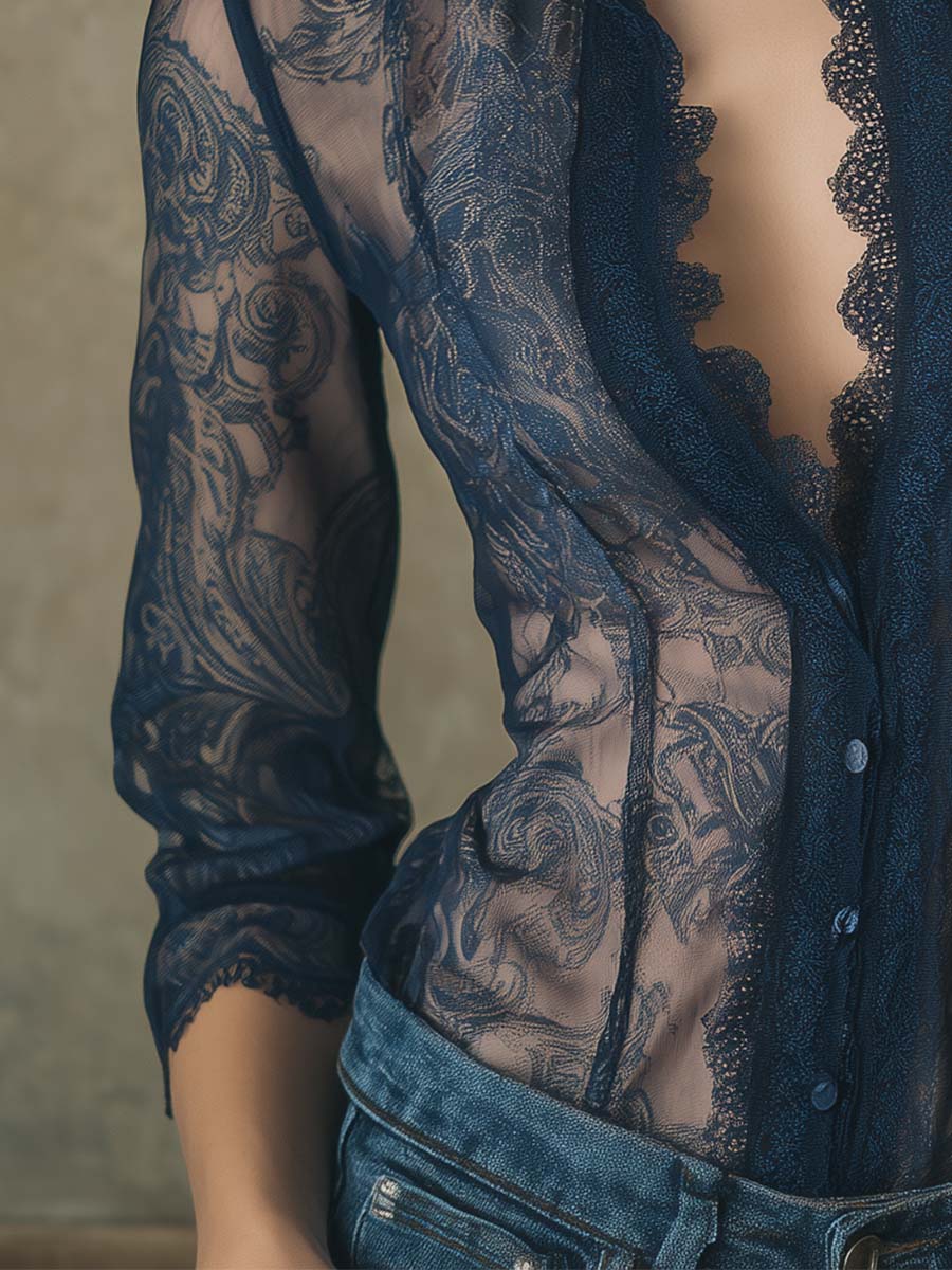 Romantic Paisley Print Lace Trim Sheer Shirt