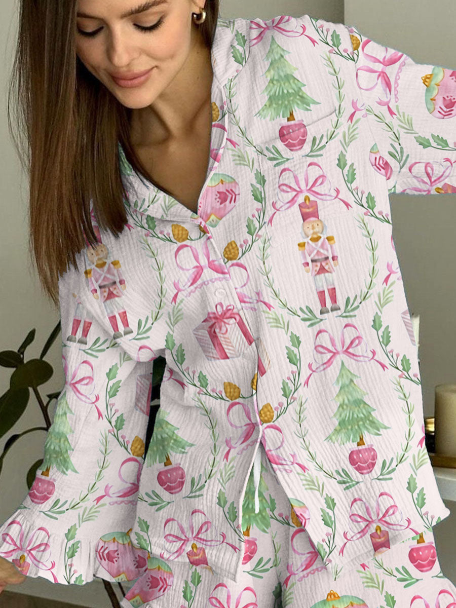 Women's Christmas Pink Bow Nutcracker Print Homewear Set
