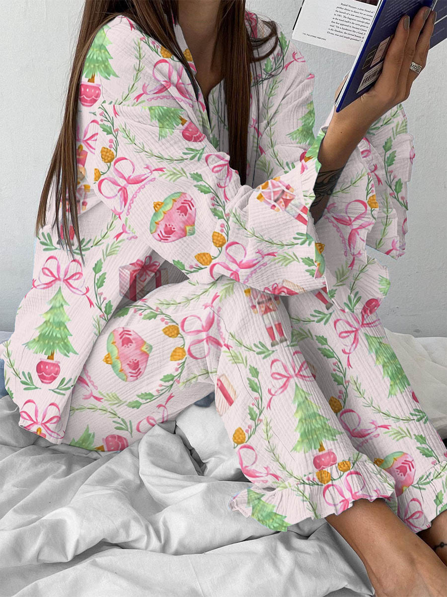 Women's Christmas Pink Bow Nutcracker Print Homewear Set
