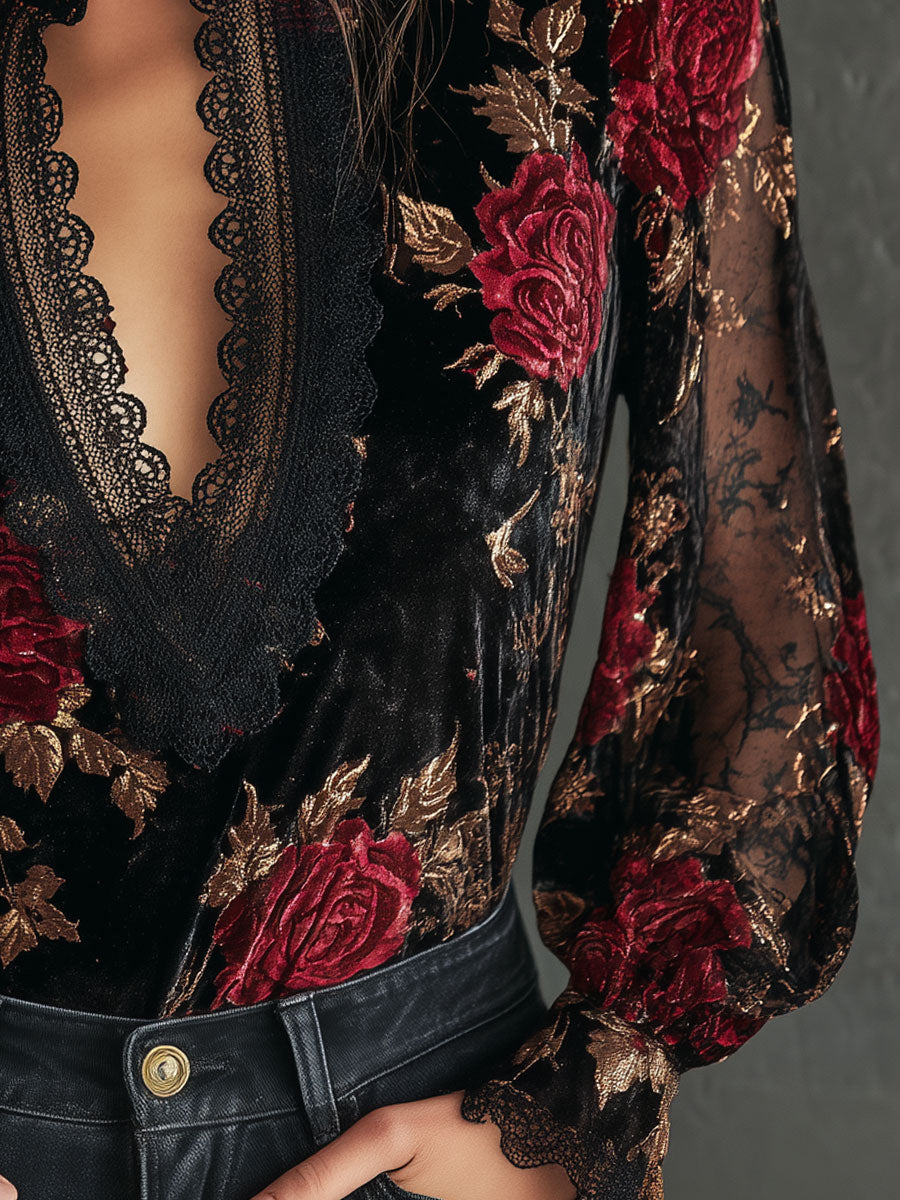 Retro Lace Stitching Velvet Rose Print Lantern Sleeves Blouse