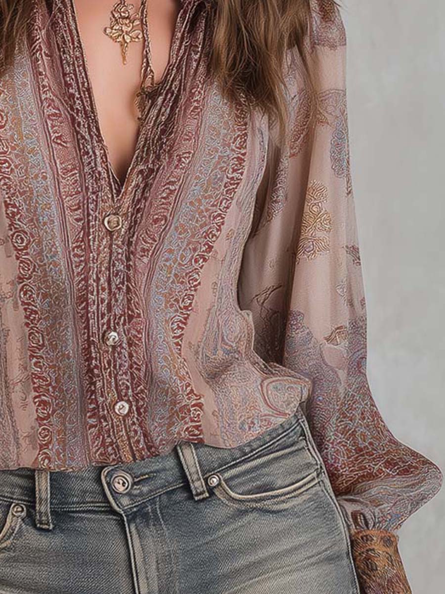 Boho Paisley Sheer Blouse With Lace Cuffs
